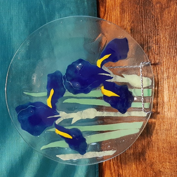 Signed Travis Fused Art Glass Dinner Plate Blue Iris Fused Glass Dinner … - Picture 7 of 7